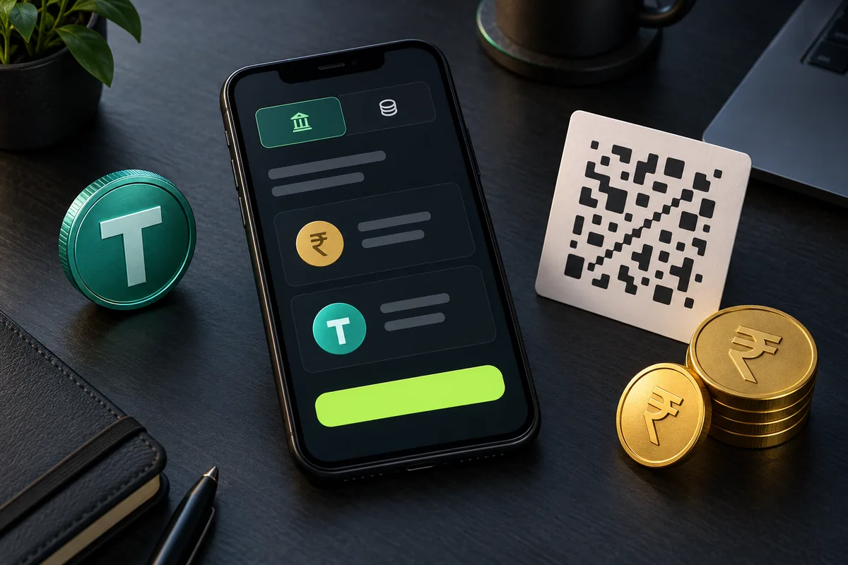 BC Game app wallet screen with fiat and crypto tabs, a UPI QR card and a USDT coin